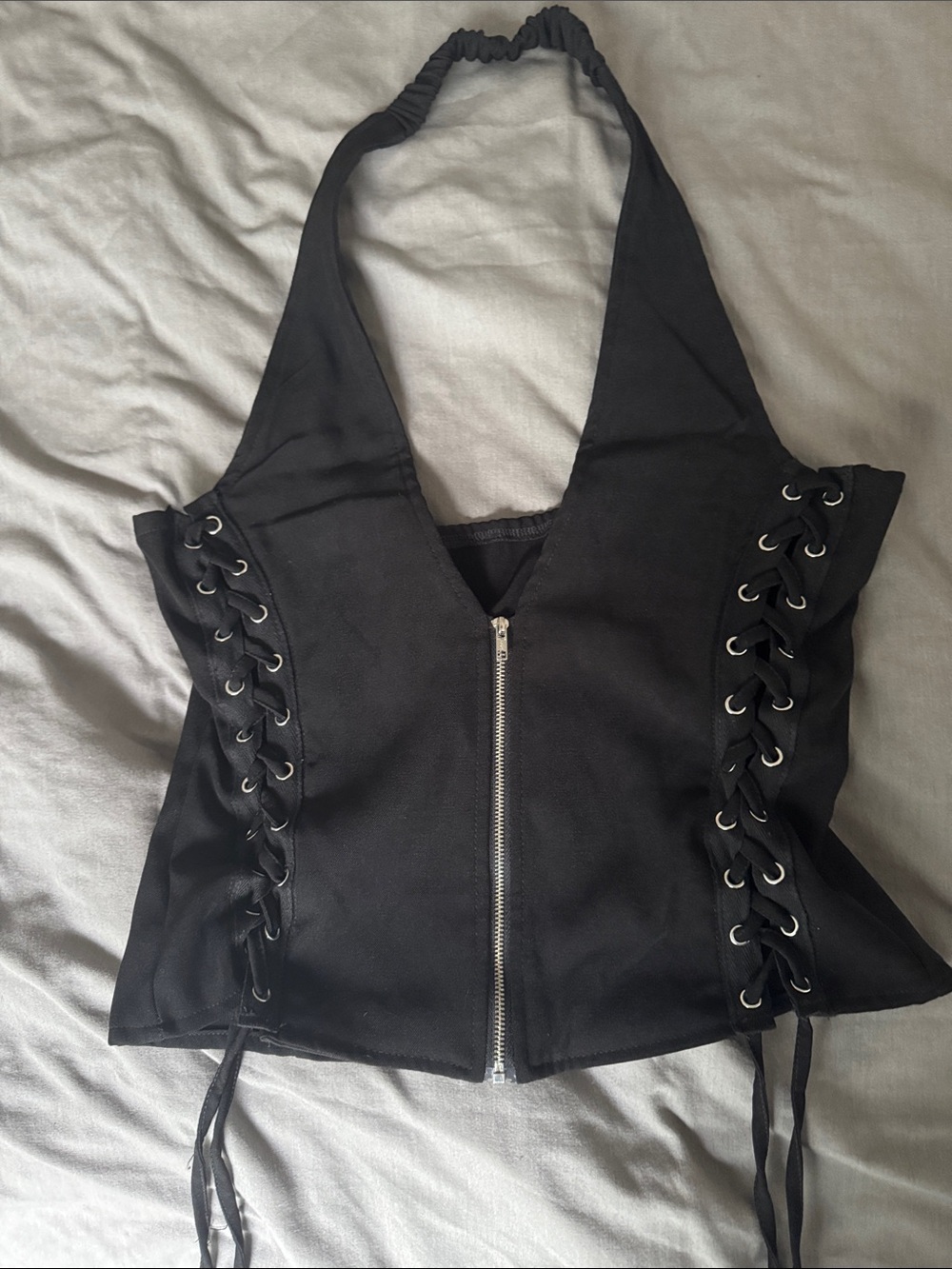 Black Halter Lace-Up Front Zip Women's Top